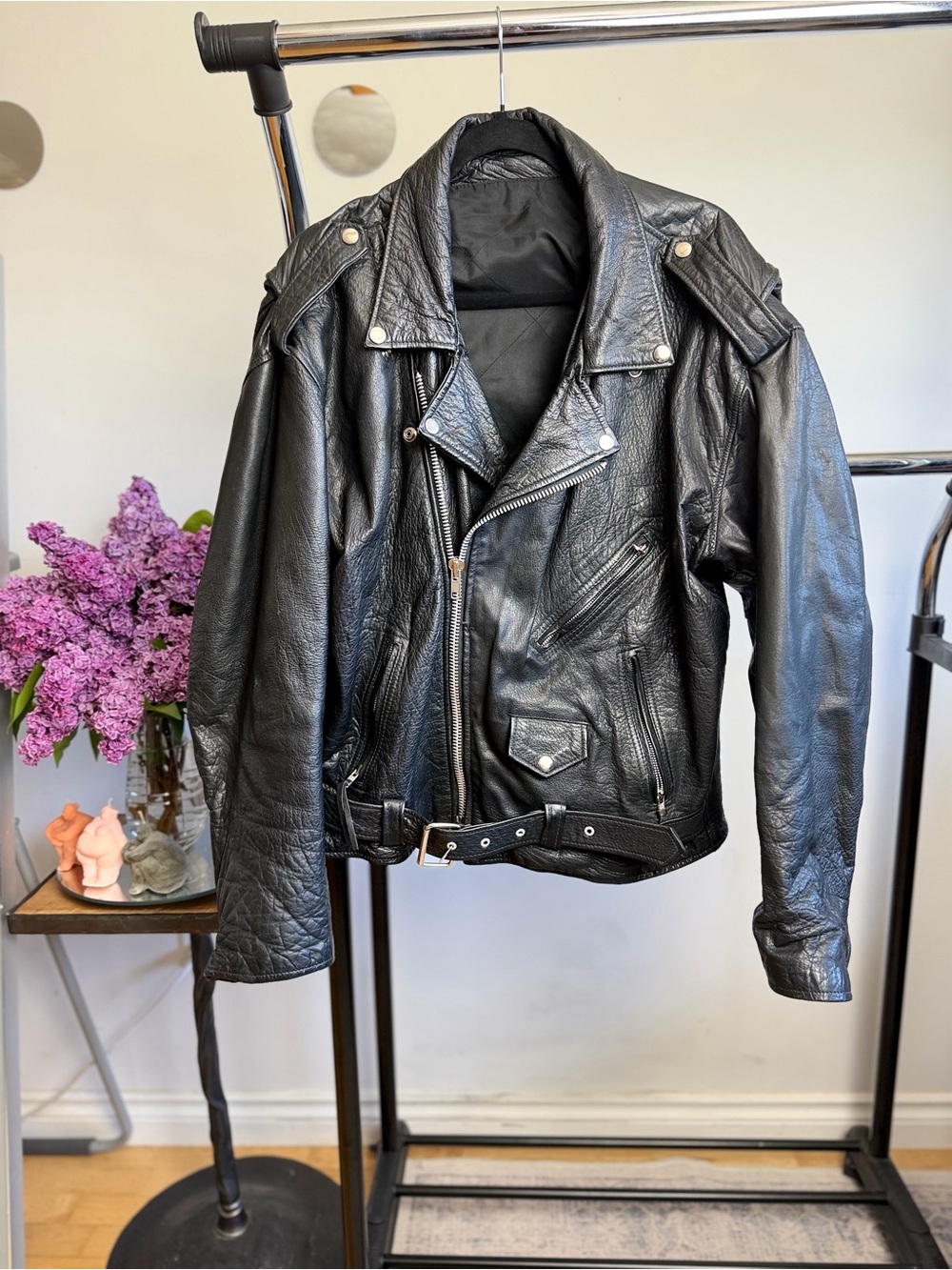 Vintage Black Leather Biker Jacket – 90s Oversized Moto, Genuine Leather